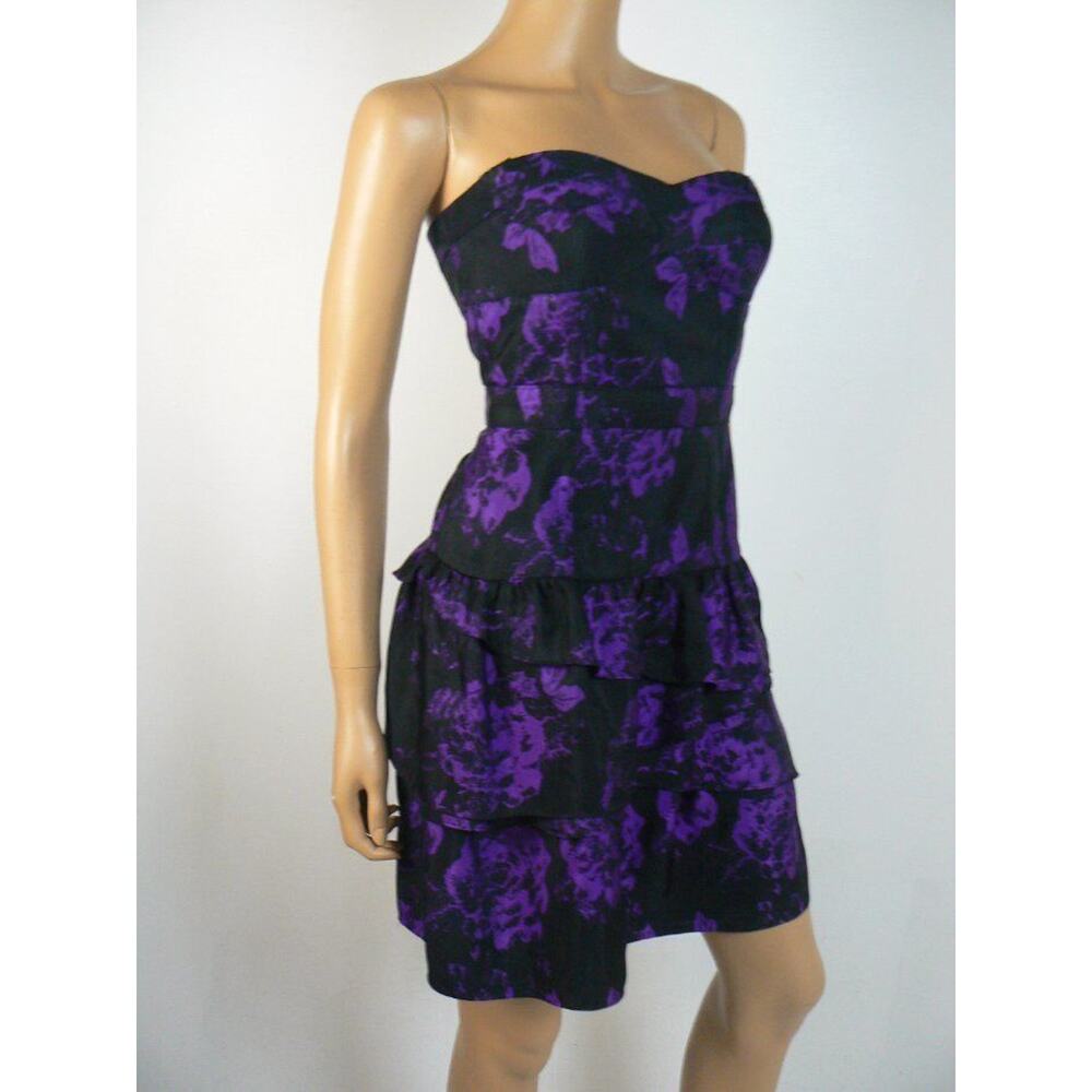 $168 Ali Ro Black Purple Floral Sateen Tiered Sweetheart Dress 6 NEW A866 - Picture 3 of 7